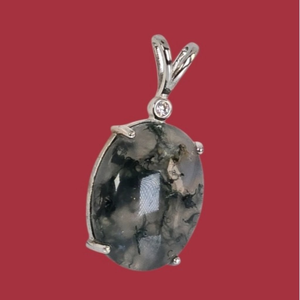 925 Sterling Silver Pendant 1.5x3 Cm With Natural Moss Agate Gemstone.